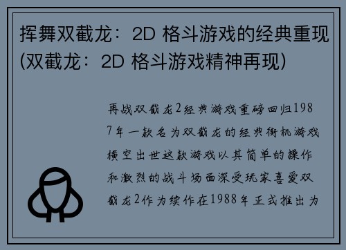 挥舞双截龙：2D 格斗游戏的经典重现(双截龙：2D 格斗游戏精神再现)
